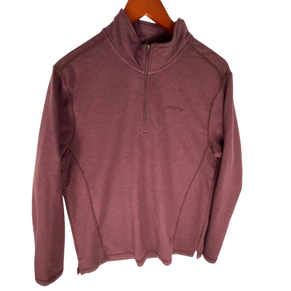 Orvis Sweater Mens M Maroon Spellout Rayon Blend Long Sleeve Half Zip Pullover